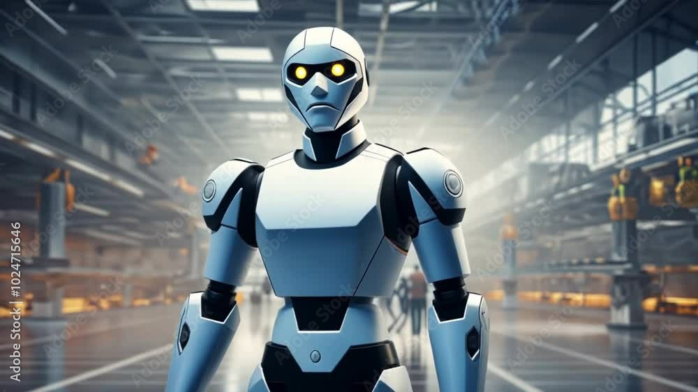 Poster A robot stands in a large, empty room. The robot is white and has a blue and orange design. The room is empty and has no people or objects in it. The robot appears to be looking around