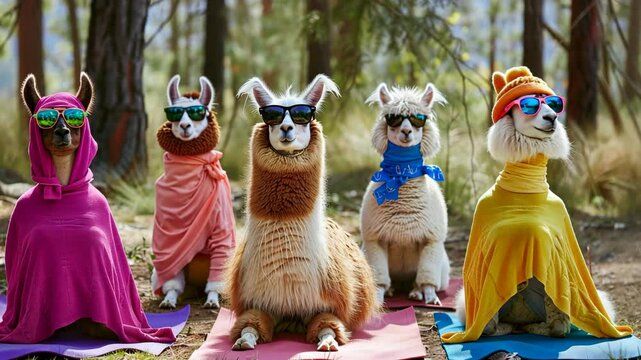 Five llamas wearing sunglasses and colorful clothing practice yoga on mats in a forest