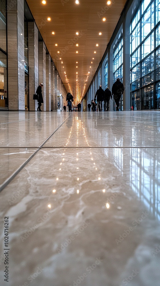 Poster a group of individuals strolling along a hallway adjacent to a towering structure featuring numerous