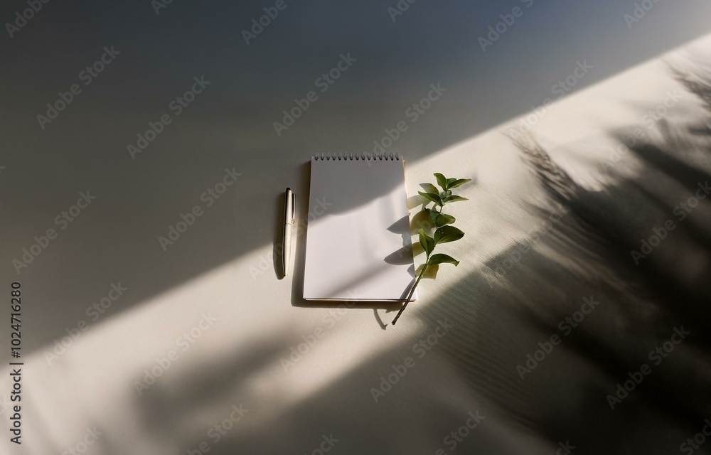 Poster a white notepad with a pen and a sprig of greenery lying on a white surface with shadows from sunlig
