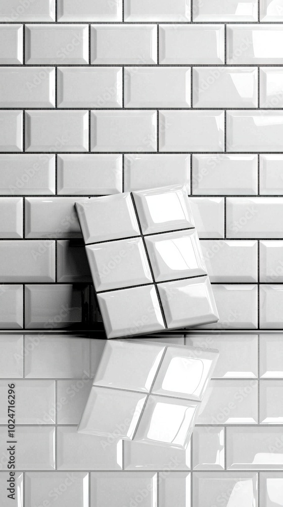 Poster a monochrome image of a cube surrounded by tiles, with a reflections captured on the ground