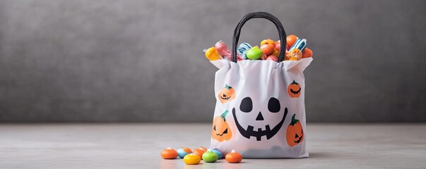 Trick-or-treat bag with spooky designs, filled with colorful candies, Halloween candy surprise, concept
