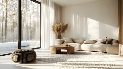 A bright modern living room, featuring floor-to-ceiling windows and a neutral color palette, creates a cozy atmosphere with natural light, soft textures, and Scandinavian-inspired decor.