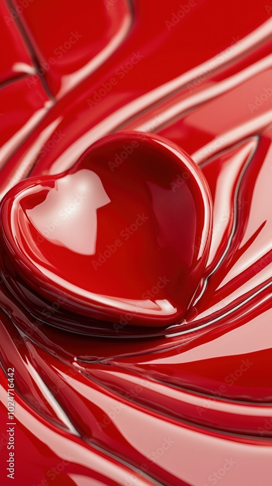 Poster a heart-shaped object is submerged in a close-up of bright red liquid at the base of the image