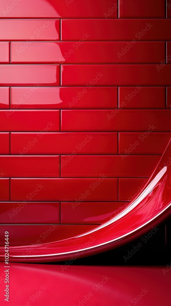 Poster a sharp image of a glistening crimson object before a brick wall with a curved metallic element in t