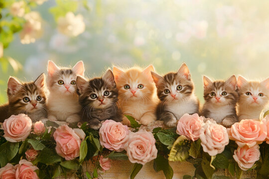 Many adorable little kittens posing amidst colorful flowers in a garden.