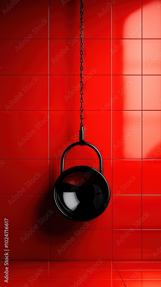Poster room with black pot from chain on wall; red tiled walls behind and in front of it