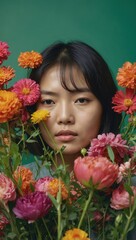 Naklejka premium Asian woman with short hair holding pink and orange flowers, vibrant floral backdrop
