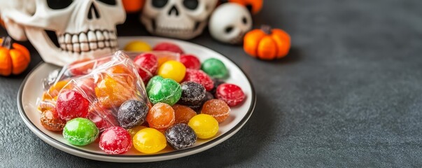 Unwrapped Halloween candies displayed on a plate with skull decorations, Halloween candy ambiance, concept