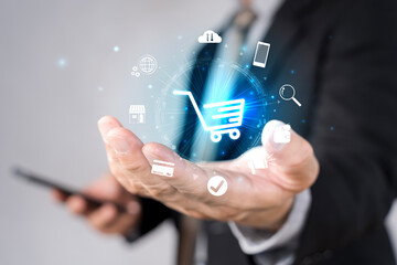 Technology online shopping business concept. Businessman touch screen trolley cart purchase online stores.
