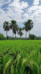 Palm Trees Framing a Lush Rice Paddy Field Under a Cloudy Sky
