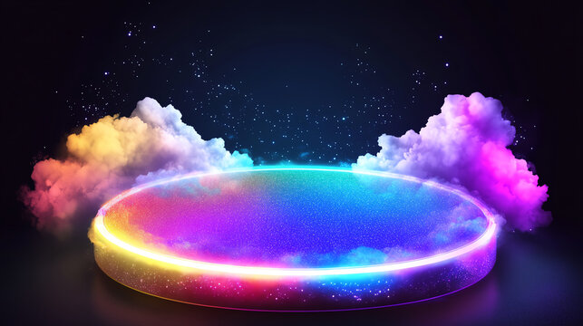 Rainbow round flat platform with clouds surrounding the base made of resin with multicolor led glow-in-the-dark galaxy coloring glowing vibrant blue