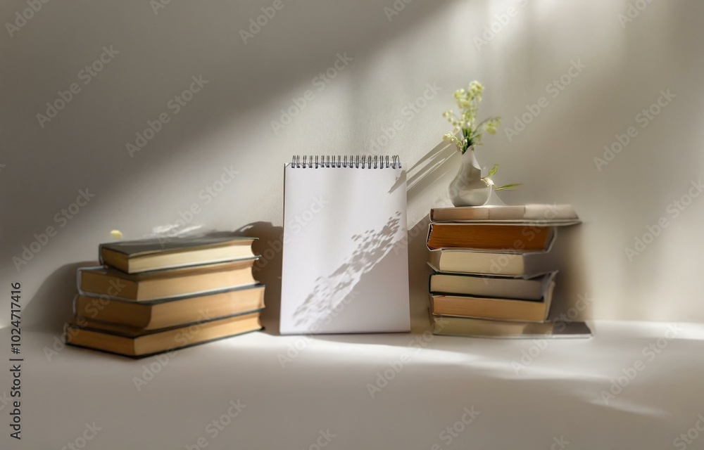 Poster a white notebook with spiral binding sits on a white surface, with a stack of books and a vase of wh