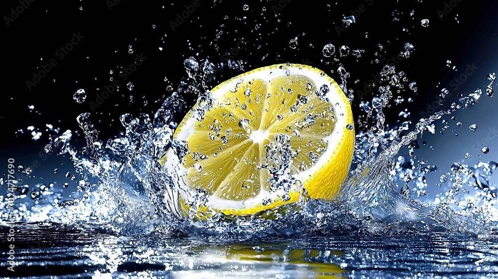 Poster slice of lemon in water, black background with splashes at top and bottom