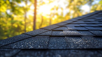 The close-up of a black asphalt shingle roof reveals its textured surface under sunlight filtering through trees, emphasizing architectural details in a residential setting.