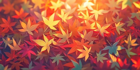Dried maple leaves scattered on the ground, illuminated by vibrant autumn sunlight, create a stunning natural backdrop with colorful foliage