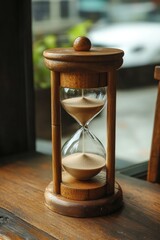 A wooden hourglass captures the passage of time, resting on a table by a window with a view of the outside world