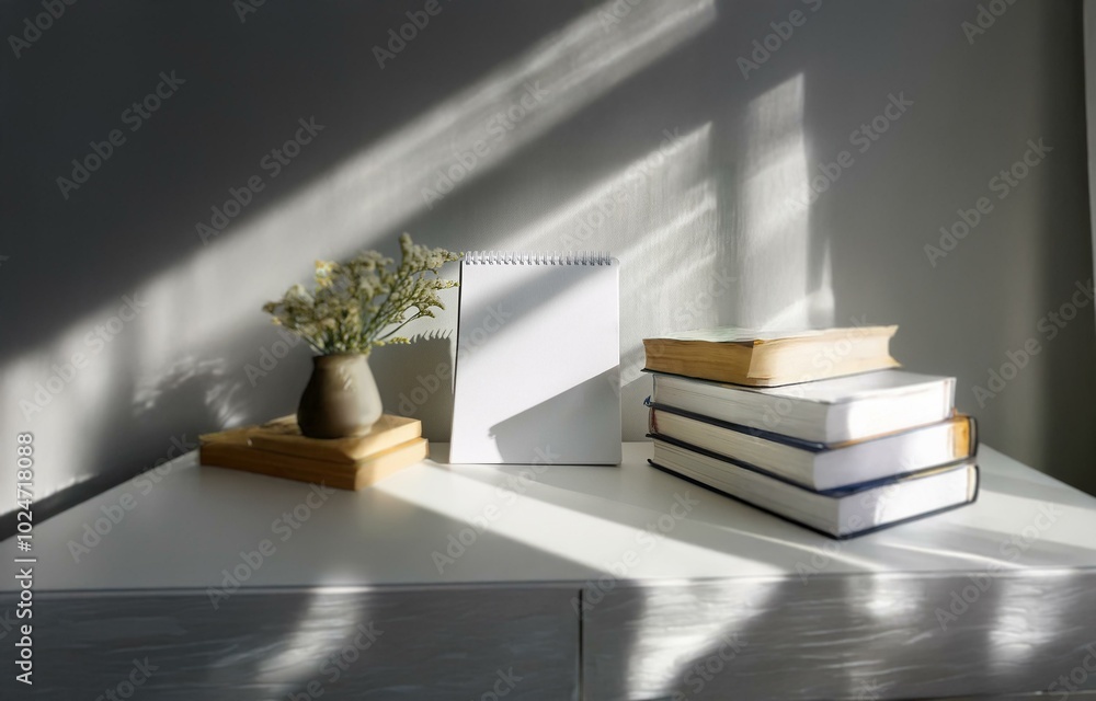 Aufkleber a blank spiral bound notebook sits on a white surface with a stack of books and a vase of white flow