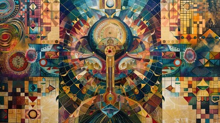 A detailed cosmic mandala artwork blending geometric shapes, vibrant colors, and mystical symbols, creating a complex and surreal visual tapestry with celestial themes.