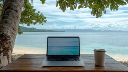 Beachside Remote Work Setup With Laptop And Wooden Furniture