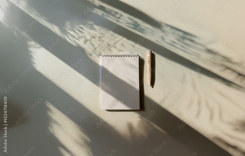 Poster blank notepad with golden pen on a table with light shadows.