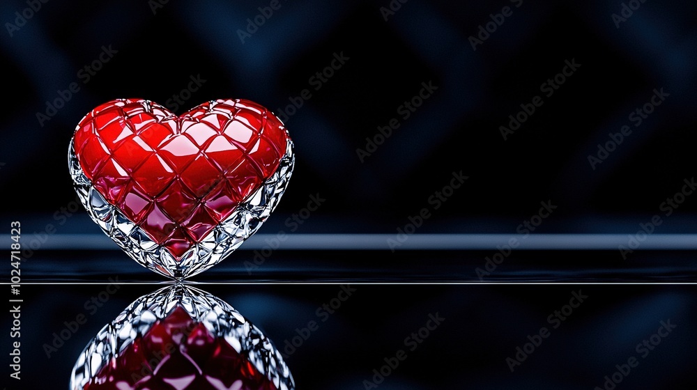 Poster red heart symbol resting atop shiny surface, framed by dark backdrop and reflection