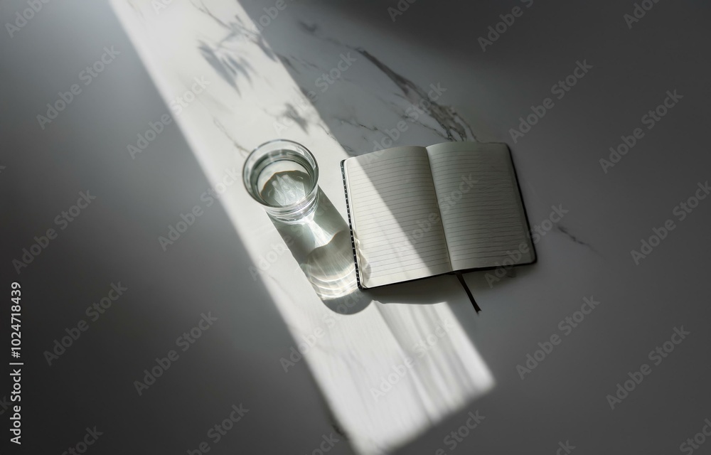 Poster a glass of water sits next to an open notebook on a white marble surface. sunlight shines through a 