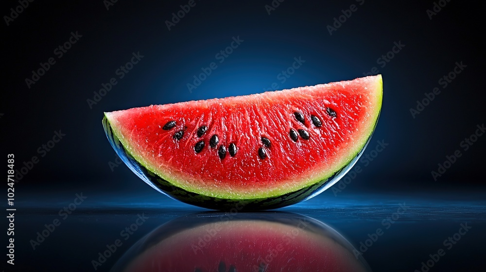 Poster slice of watermelon on top of reflective surface with mirror image below
