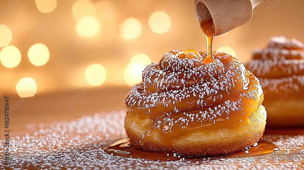 Poster a close-up of a doughnut being drizzled with icing on a table with lights in the background