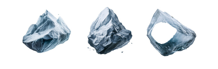 Obraz premium Three isolated, blue, rocky shapes against a white background.