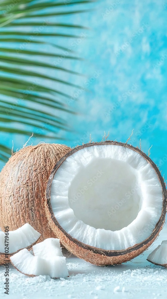 Poster a pair of coconuts resting atop a table beside a palm tree and azure swimming pool