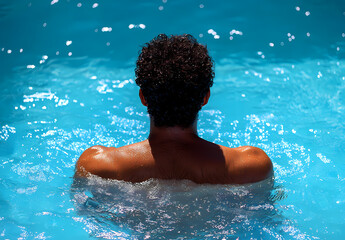 Summer Seduction: Poolside Aesthetics. Sultry Swim: The Allure of the Summer Pool. Psychedelic beach scene,Man swimming in pool with a frisbee.