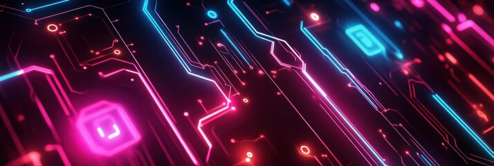 Obraz premium Neon Circuitry, an intricate abstract design featuring luminous circuit lines in a futuristic layout, vibrant colors, engaging visual depth