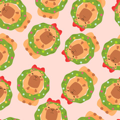 Cute funny capybara with Christmas wreath pattern. Isolated animal character capybara rodent. Postcard, poster, sticker for New Year. Holiday seasonal decoration for design, kids collection