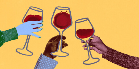 Three hands raising wine glasses filled with red wine against bold yellow background. Cheers. Contemporary art collage. Concept of drink, winery, taste, party, wine culture, wine and dine