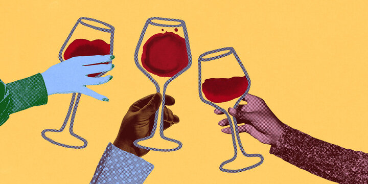 Three hands raising wine glasses filled with red wine against bold yellow background. Cheers. Contemporary art collage. Concept of drink, winery, taste, party, wine culture, wine and dine