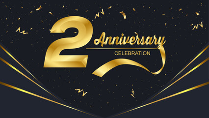 
Golden "2nd Anniversary" text, accompanied by a gold ribbon and sparkling confetti on a sleek black background. The elegant design highlights the celebration of this special milestone.