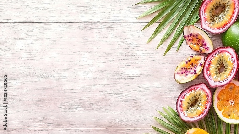 Aufkleber a colorful array of fruits arranged on a table, accompanied by a palm leaf and another fruit