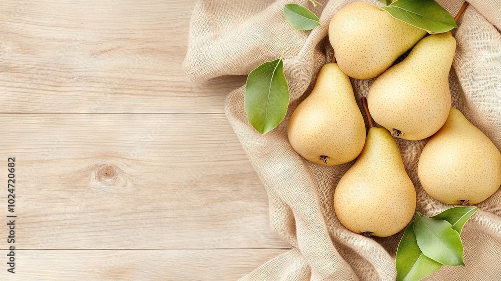 Poster a cluster of pears resting atop a table adjacent to a burlock of burlock