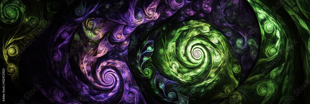 Poster fractal tendrils in purple and green, intricate spiraling patterns create a mesmerizing visual exper