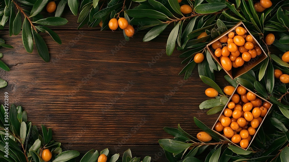 Poster a cluster of oranges resting atop a wooden table alongside a collection of green foliage and additio