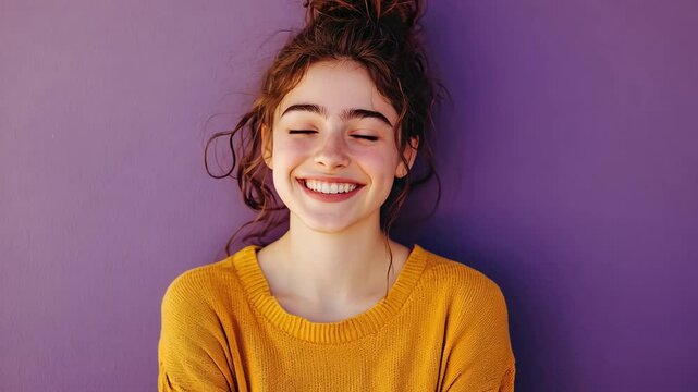 A woman with a messy bun smiles brightly in front of a purple wall