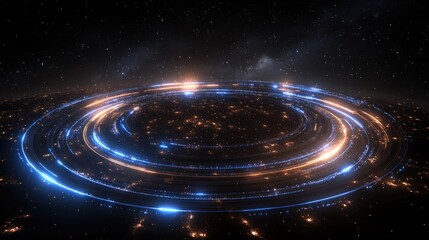 Futuristic glowing rings in space: cosmic energy and galaxy vibes