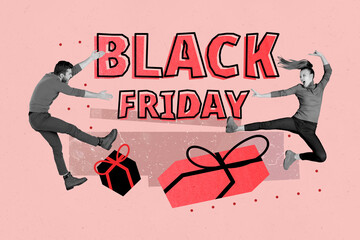 Composite photo collage of two angry girl guy fight shopaholic judo black friday sale bargain...