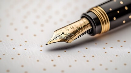 An extreme close-up of a fountain pen nib on white paper reveals intricate details of the writing instrument, showcasing its metallic texture and artistic calligraphy potential.