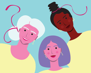 Aging process of BIPOC person, premium flat vector stock illustration or liveliness triptych with afro adult, child, senior woman