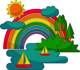 Flat style illustration landscape with sea and some boats under sun clouds and rainbow