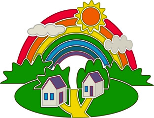Sculpted single icon with rural landscape and rainbow over country road among houses