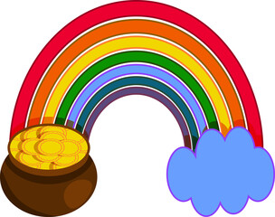 Pot of golden coins cloud and colorful rainbow for Saint Patrick Day celebration