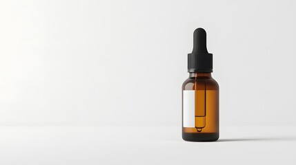 Fototapeta premium An amber-colored glass dropper bottle with a white label and black cap is presented on a pure white background, emphasizing its minimalist design in a professional product shot.
